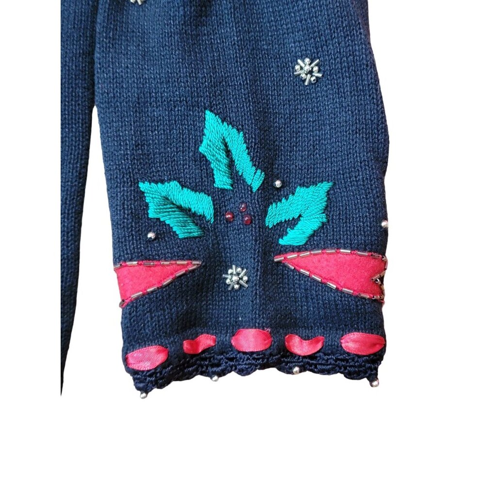 Arriviste Womens Christmas Cardigan Sweater XL Black Button Front Holiday Bows - Picture 4 of 5